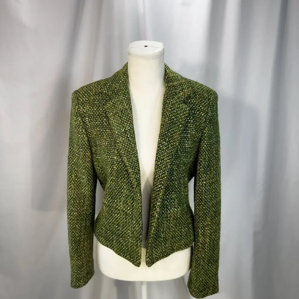 Vtg Tweed Cropped Blazer Green 80s Tailored Jacket Dark Academia Ivy League 6 - Picture 15 of 16